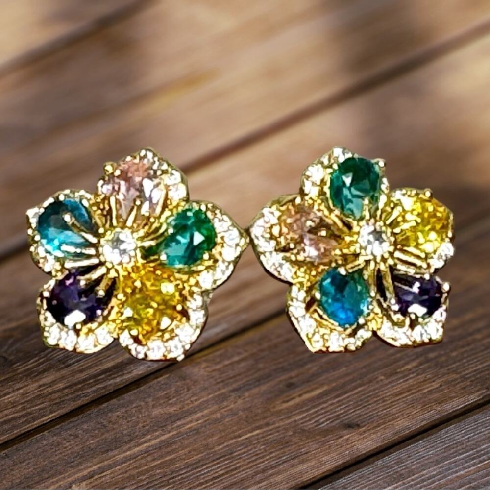 NEW Eye Candy Flower Dazzle Gold Toned Multi-Colored CZ Crystal Stud Earrings